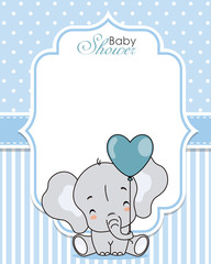 Baby shower invitation. Cute elephant with balloon. Space for text - obrazy, fototapety, plakaty