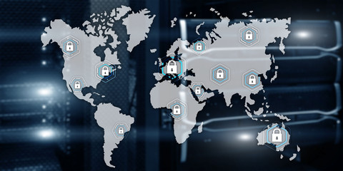 Global cyber security concept communication privacy data protection server room background