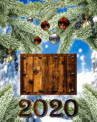 Christmas background with Christmas tree branches and Christmas decorations. Merry christmas card, banner. Theme of winter holidays. Happy New Year. Space for text