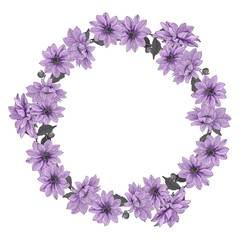 Round frame of purple flowers on white background. Dahlias and leaves. For your design, wedding stationary, fashion, invitation template, greeting card, saving the date card. Vector illustration.
