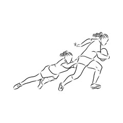 Rugby players girls, sketch, contour vector illustration 