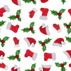 repeat seamless pattern with set of christmas elements, santa's hat, gloves and boots, santa's cloth accessories, watercolor christmas pattern isolated on white