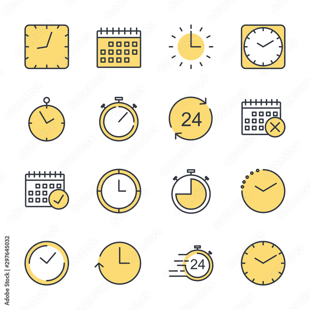 Poster simple set of time icon template color editable. contains such icons as time inspection, log, calend