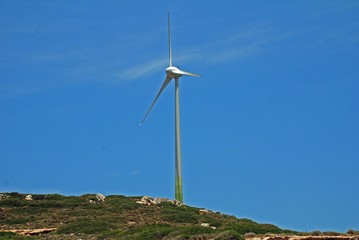 A wind turbine on the Greek island of Tilos. The island aims to become self sufficient in power using wind and solar technology.