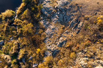 Rocky place top view. Canyon. Aero photo shooting. Stone background