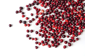 Cranberries. The scattered berries on white background. Fresh ripe red organic cranberries on white, directly from above, close up