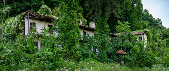 Abandoned cells of the Monastery of the Holy Transfiguration of God. Bulgarian Orthodox Church. Veliko Tarnovo. Bulgaria. Panoramic view.