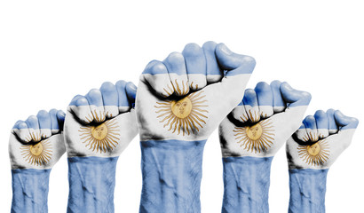 A raised fist of a protesters painted with the Argentina flag