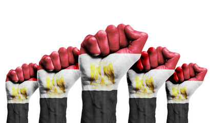 A raised fist of a protesters painted with the Egypt flag