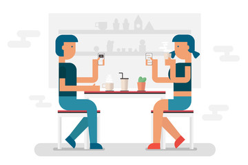 happy couple drinking coffee together in coffee shop. character cartoon flat vector illustration.