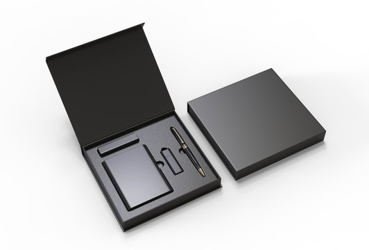 Tech gift set paper hard box for branding. 3d render illustration.