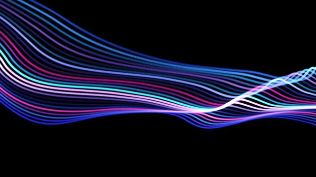 4k. Wave lines. Abstract background. Line pattern. Wavy texture. Motion graphics. Dots animation. Glowing waves. Blue and pink color.  Horizontal view. 3840x2160. Seamless looping