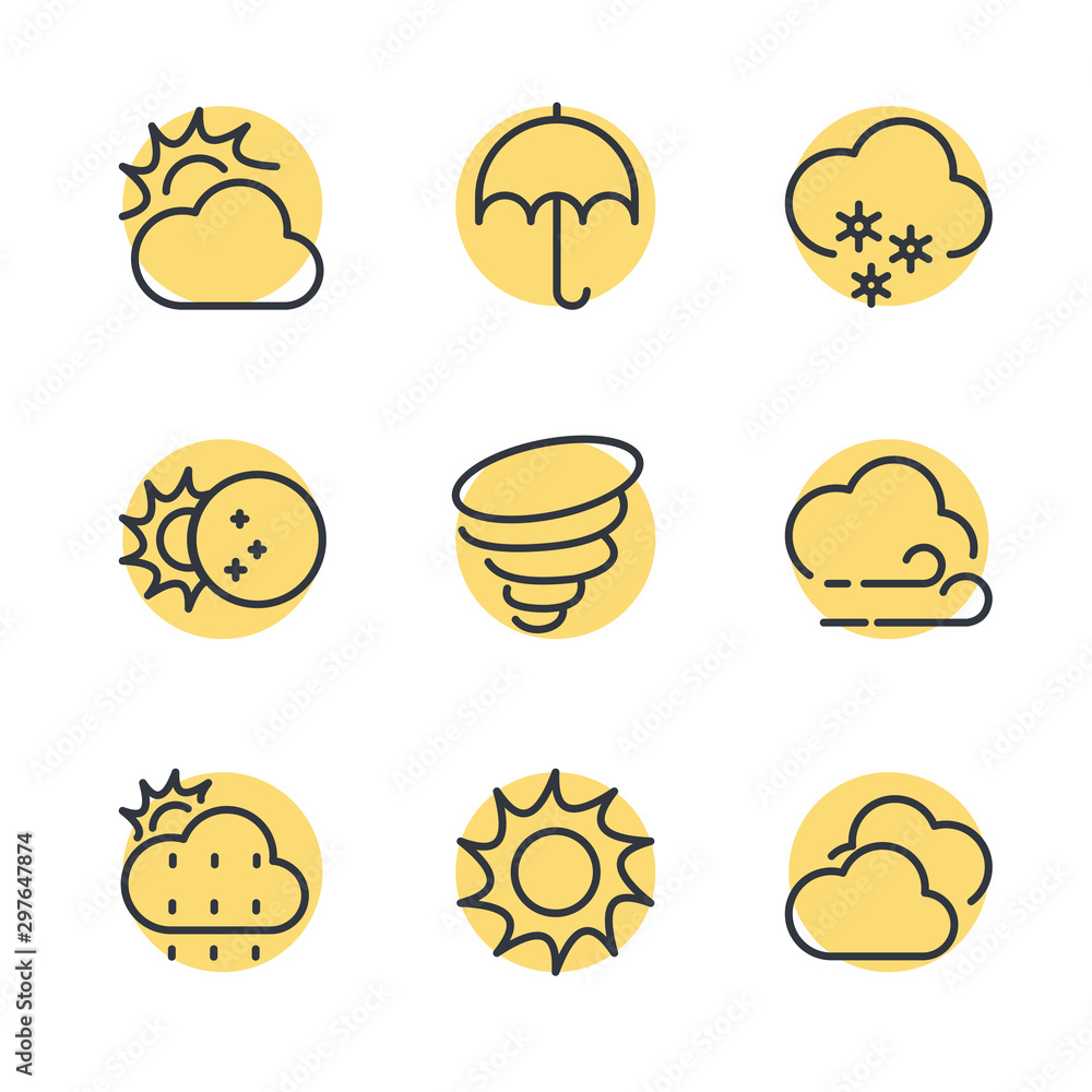 Aufkleber Weather line icon template color editable. Wind, Blizzard, Sun, Rain and more vector illustration for graphic and web design. Weather symbol vector sign isolated on white background.