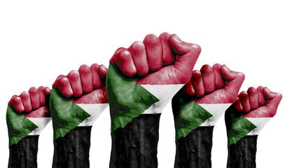 A raised fist of a protesters painted with the Sudan flag