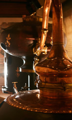 medieval traditional distiller, cube made from copper production of alcohol, cognac, whiskey....