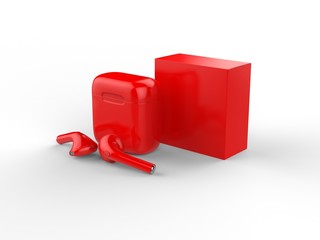 Blank promotional wireless earbuds with box package. 3d render illustration.