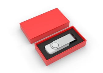 Blank pen drive with paper box packaging for promotional branding. 3d render illustration.