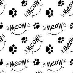 Fototapeta premium Seamless pattern with meow lettering, whiskers, smile and cat paw prints. Black hand drawings on white background. Vector illustration.