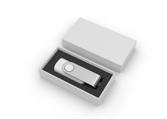 Obraz premium Blank pen drive with paper box packaging for promotional branding. 3d render illustration.