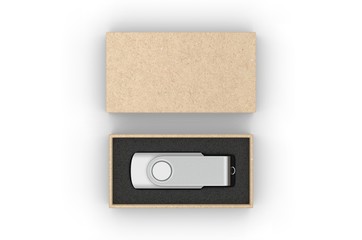 Obraz premium Blank pen drive with paper box packaging for promotional branding. 3d render illustration.