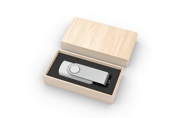 Blank pen drive with paper box packaging for promotional branding. 3d render illustration.