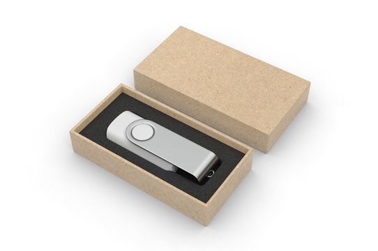 Blank pen drive with paper box packaging for promotional branding. 3d render illustration.