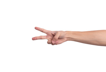 Hand gesture showing number two isolated over the white background.