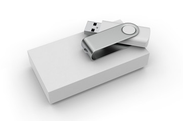 Blank pen drive with paper box packaging for promotional branding. 3d render illustration.