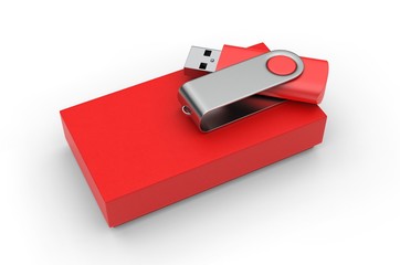 Blank pen drive with paper box packaging for promotional branding. 3d render illustration.
