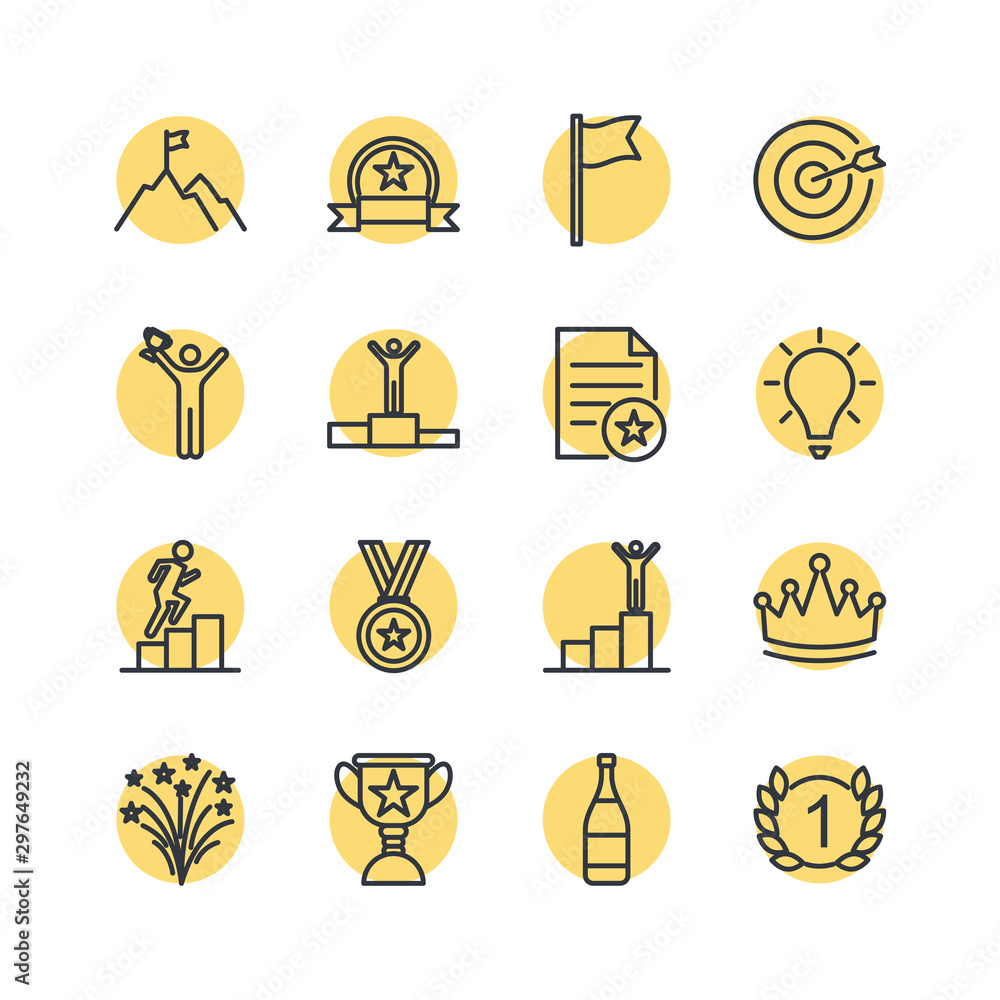 Poster success related vector line icons template color editable. contains such symbol as ribbon, winner, r