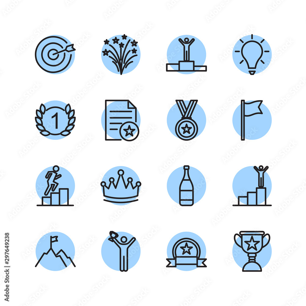 Poster success related vector line icons template color editable. contains such symbol as ribbon, winner, r