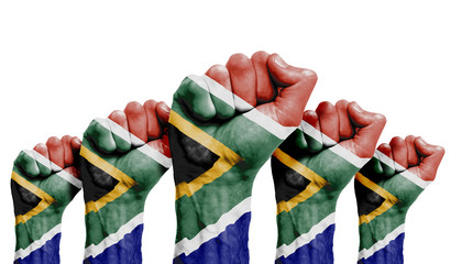 A raised fist of a protesters painted with the South Africa flag