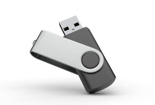 Blank pen drive with paper box packaging for promotional branding. 3d render illustration.