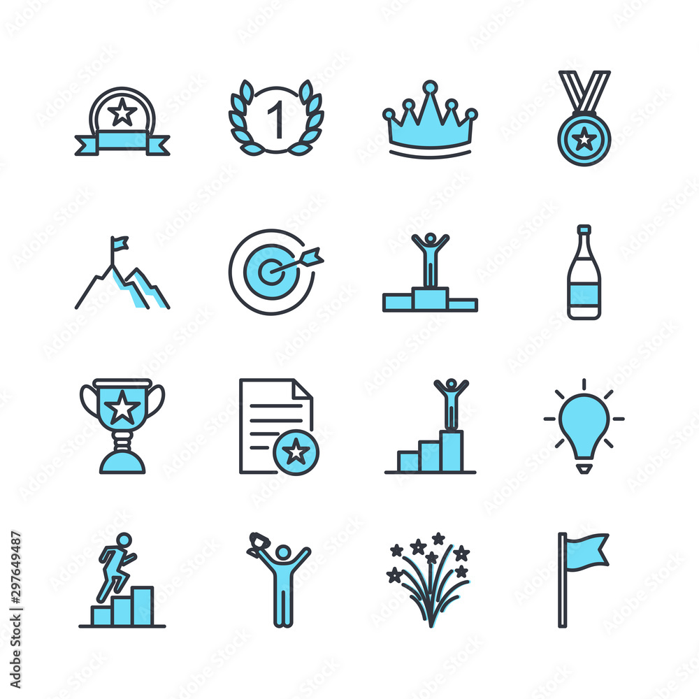 Poster success related vector line icons template color editable. contains such symbol as ribbon, winner, r