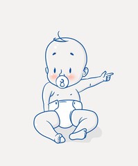Cute little baby sitting on floor and pointing his finger. Vector illustration