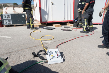 Firefighters practicing rescue with liftings bags