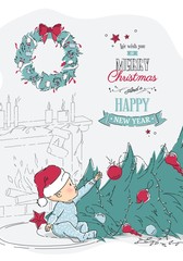 Cute little baby boy sitting on floor in beautifully decorated living room in Santa Claus hat near fallen Christmas tree. Vector cartoon illustration