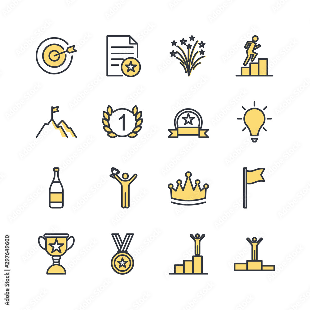 Poster success related vector line icons template color editable. contains such symbol as ribbon, winner, r