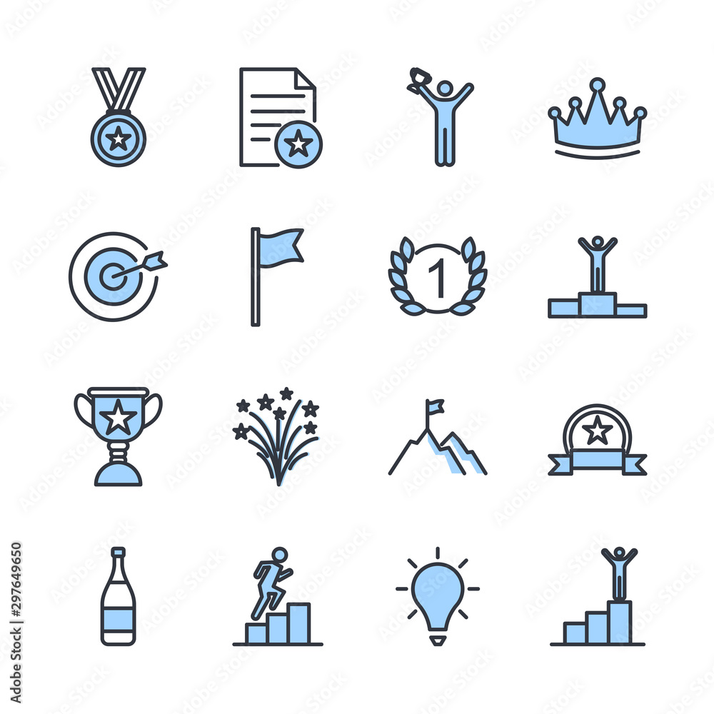 Poster success related vector line icons template color editable. contains such symbol as ribbon, winner, r