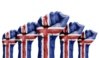 A raised fist of a protesters painted with the Iceland flag