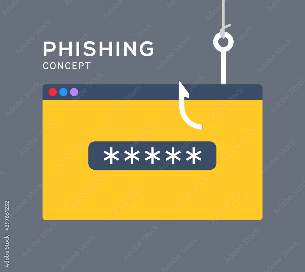 Poster data phishing hacking online. scam envelope concept. computer data fishing hack crime