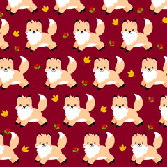 Vector autumn pattern with little kawaii fox on a burgundy background. Elements are located in one direction. Between the shape are autumn leaves and berries.