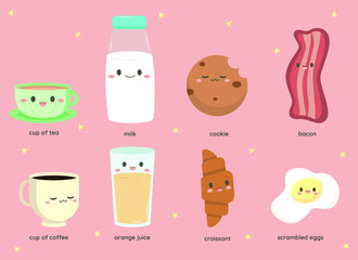 Vector flat illustration of a set of products for breakfast on a pink background. The set includes kawaii food: fried eggs, milk, bacon, tea, coffee, orange juice, cookies, croissant.Happy kawaii food