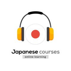 Japanese language learning logo icon with headphones. Creative japanese class fluent concept speak test and grammar