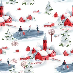 Watercolor seamless pattern winter snowy christmas time red house town landscape fir trees
