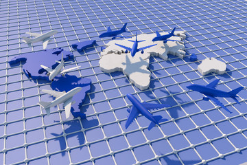 3d Traveling around the world by plane. 3d illustration. Traveling around the world by plane. World Travel concept