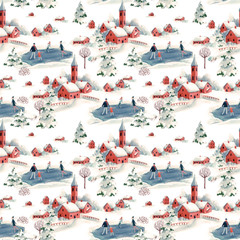 Watercolor seamless pattern winter snowy christmas time red house town landscape fir trees