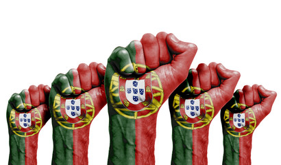 A raised fist of a protesters painted with the Portugal flag