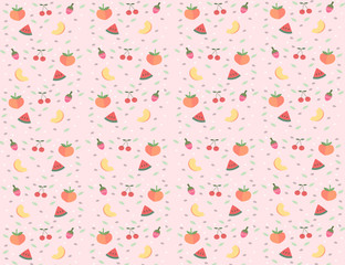 Seamless pattern with fruits. Peaches, cherries, oranges, strawberries, melons, seeds and leaves on a pink background.