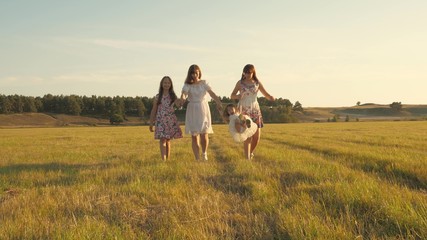 mother and little daughter with sisters walking in park. Happy young family with a child walking on summer field. Children and mom are playing in the meadow. concept of a happy family.